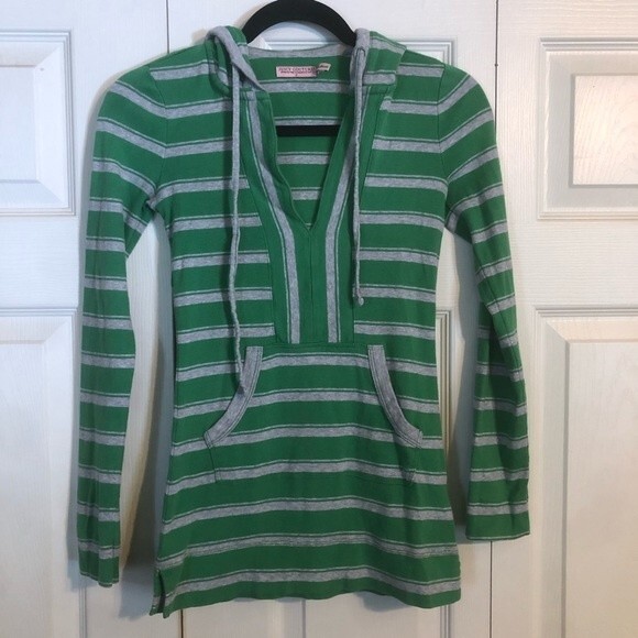 JUICY COUTURE Small Green Gray Hooded Sweatshirt V-Neck Pullover Lightweight - Picture 1 of 6